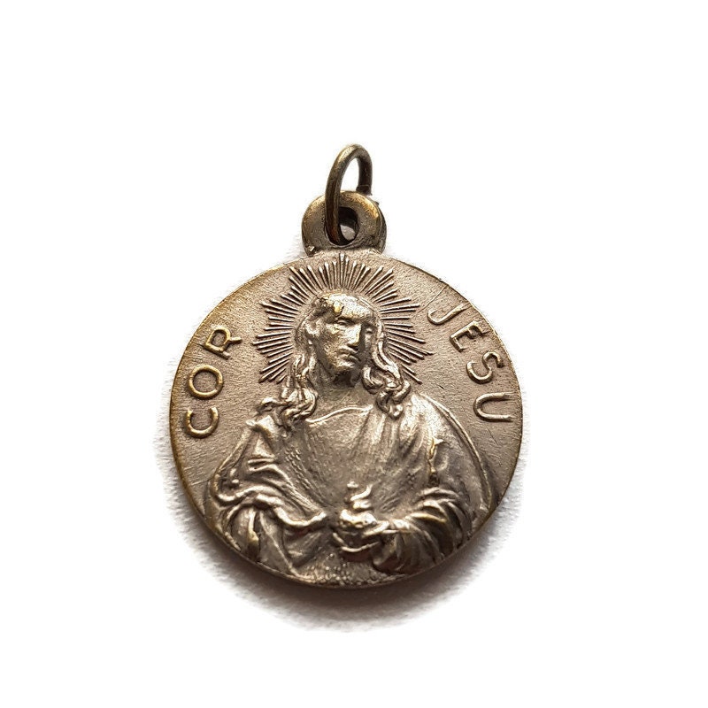 Médaille Scapulaire Vintage, Sacré Cœur de Jésus et Dame Du Mont Carmel