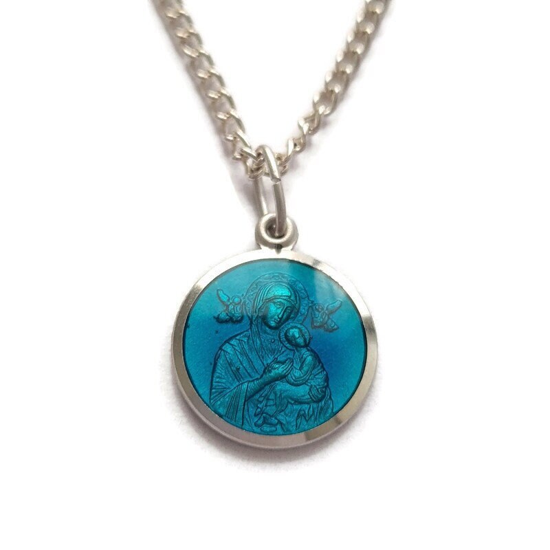 Collier de Médaille en Émail Turquoise Notre-Dame Perpetual Help