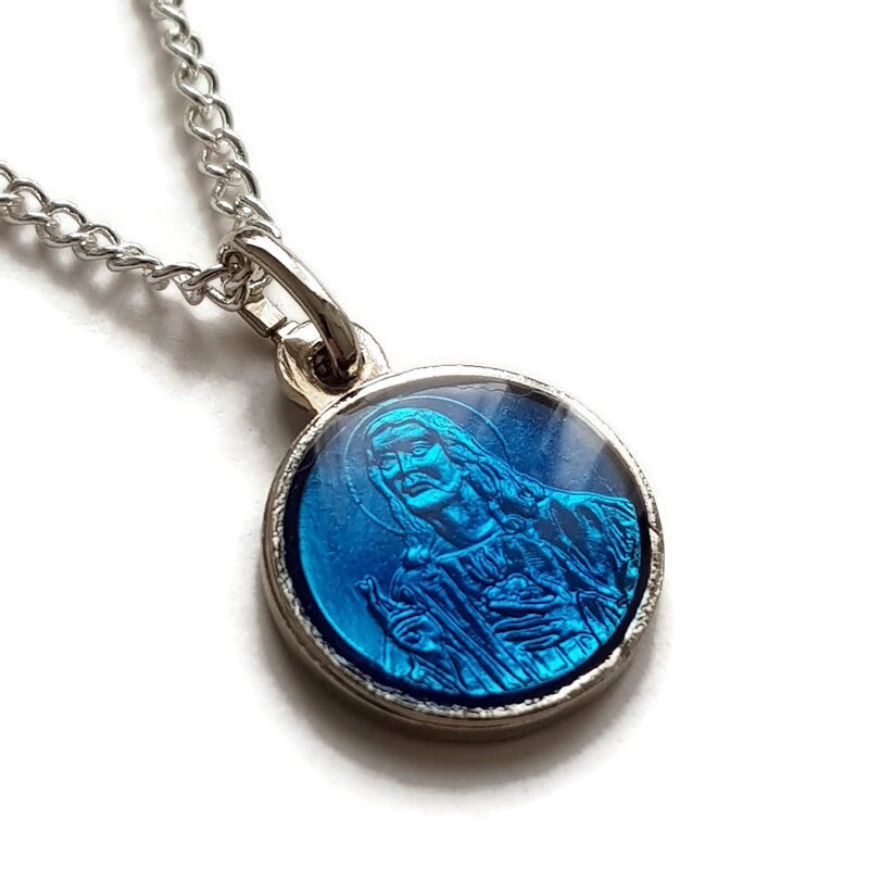 Collier de Médaille en Émail Scapulaire Bleu, Jésus et Dame Du Mont Carmel