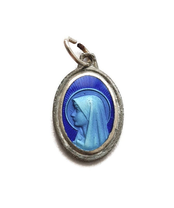 Médaille Antique en Émail Bleu Chrétien, Sainte Vierge Marie, Pendentif de Lourdes