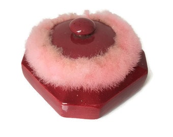 Vintage red ceramic powder box with pink puff