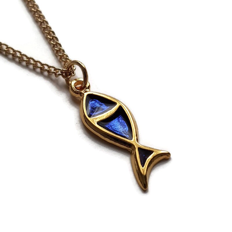 Collier de Charme d'ichthus, Pendentif Religieux en Émail Bleu