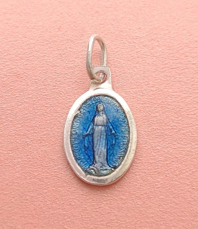 Petit Pendentif Médaille Miraculeuse en Émail Bleu
