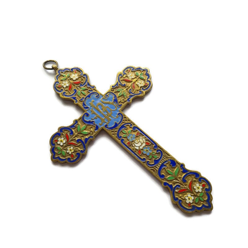 Crucifix Antique en Bronze Émaillé, Croix Murale