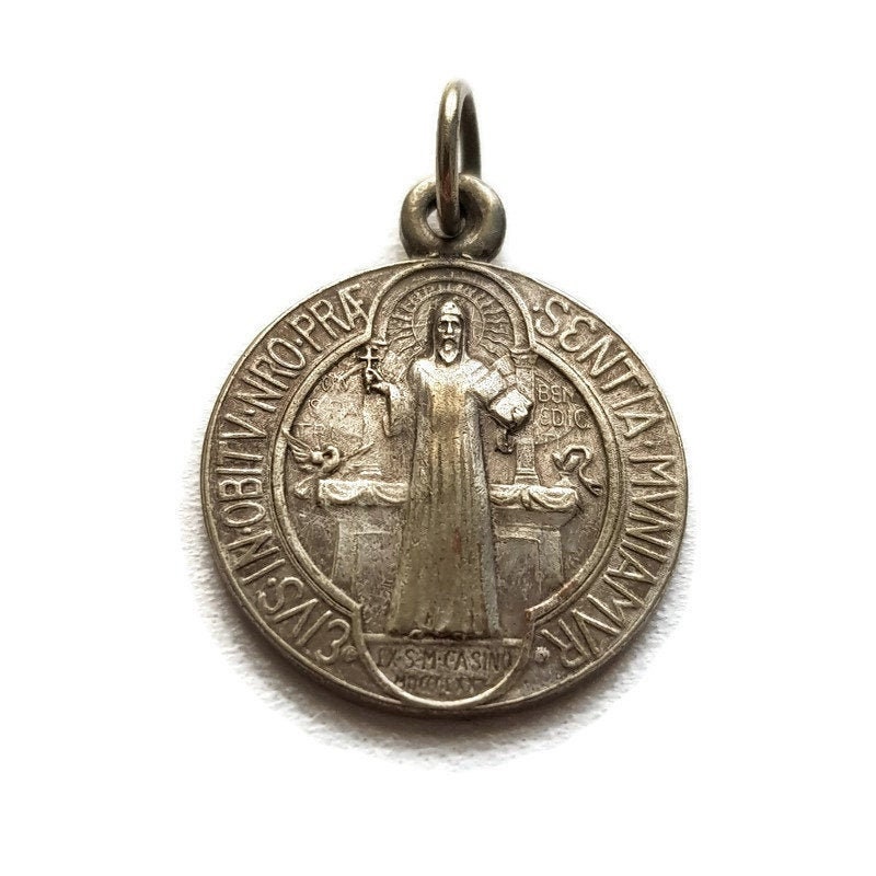 ref 2598 Antique bronze Religious Charm Medal Pendant St Bernard and St Benedict exorcist