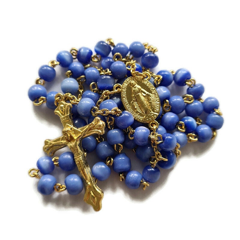 Chapelet en Verre Bleu, Perles de Prière, Bijoux Chrétiens