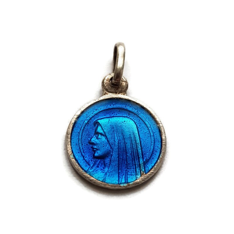 Émail Bleu Vierge Marie et Lourdes Charme, Émail Bienheureuse Pendentif, Médaille Chrétienne