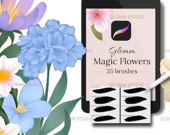 Glomm Magic Flowers Brush Set (35 Brushes), Procreate Flower Brush, Single Stroke Brush