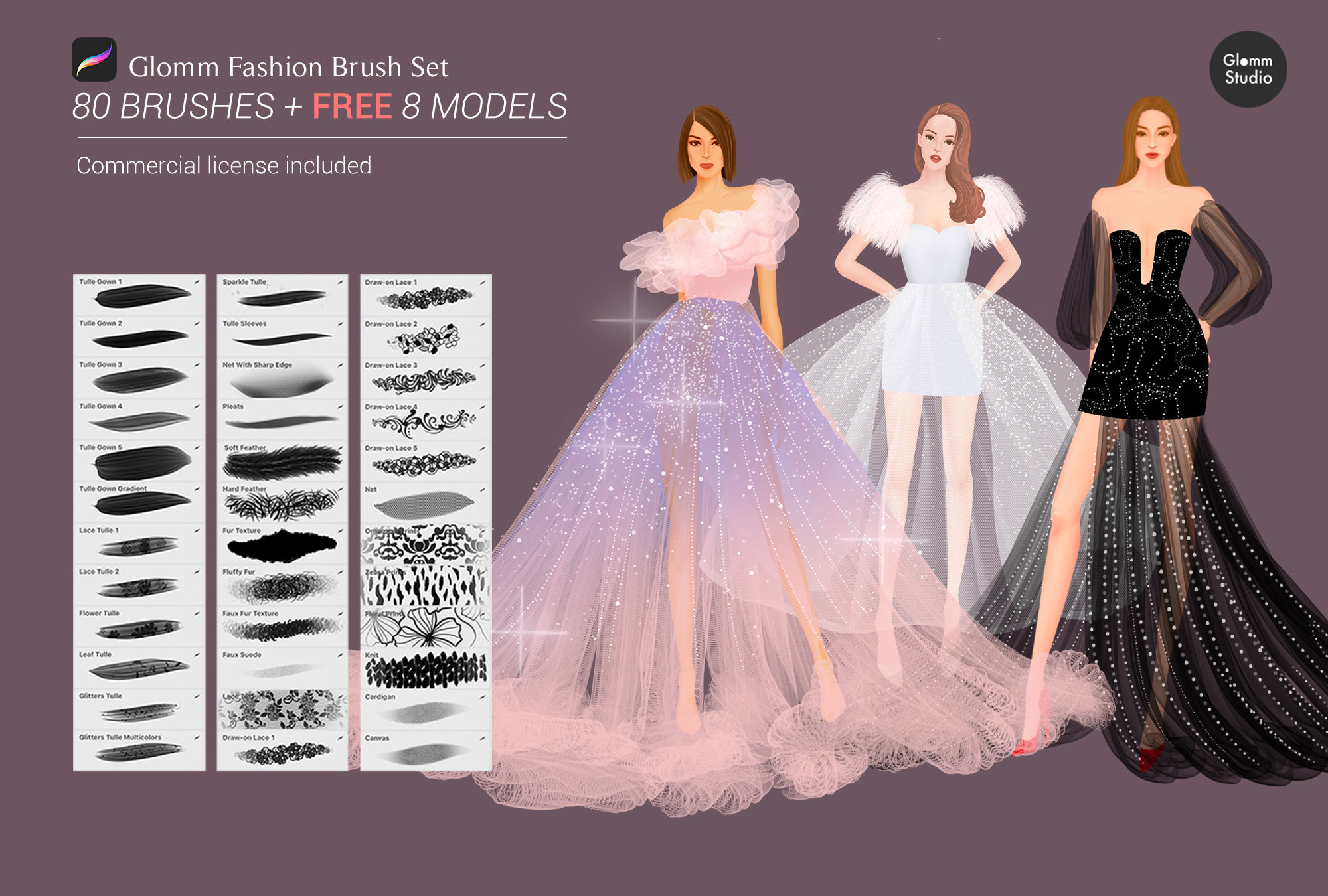 Glomm Set de Pinceles de Moda para Procreate – 80 pinceles pro + 8 modelos femeninos gratis (licencia comercial)