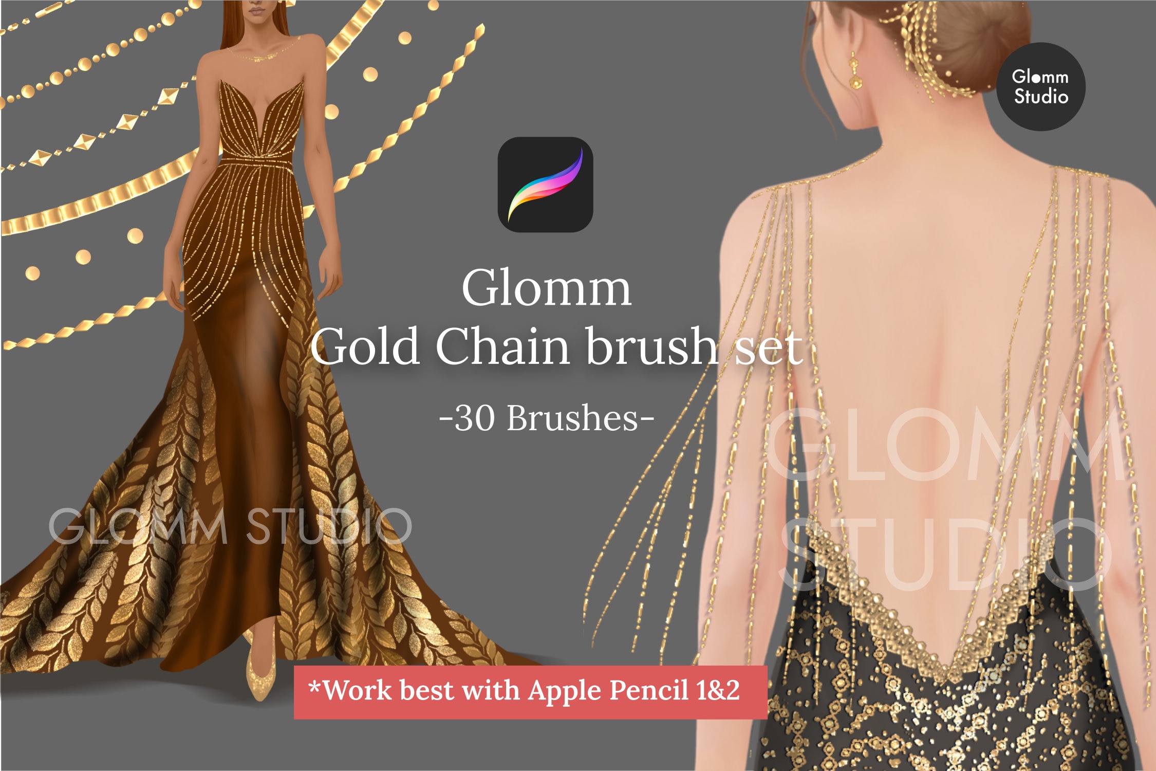 Glomm Gold Chain Brushes for Procreate – 30 Realistic Jewelry Stamps + Palette