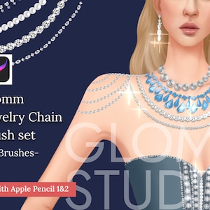 May include: A set of 30 digital brushes for creating jewelry chains. The brushes are designed for use with the Apple Pencil and are shown in the image being used to create a variety of chains, including pearl, diamond, and blue gemstone chains. The text "Glomm Jewelry Chain brush set -30 Brushes- *Work best with Apple Pencil 1&2" is also visible in the image.