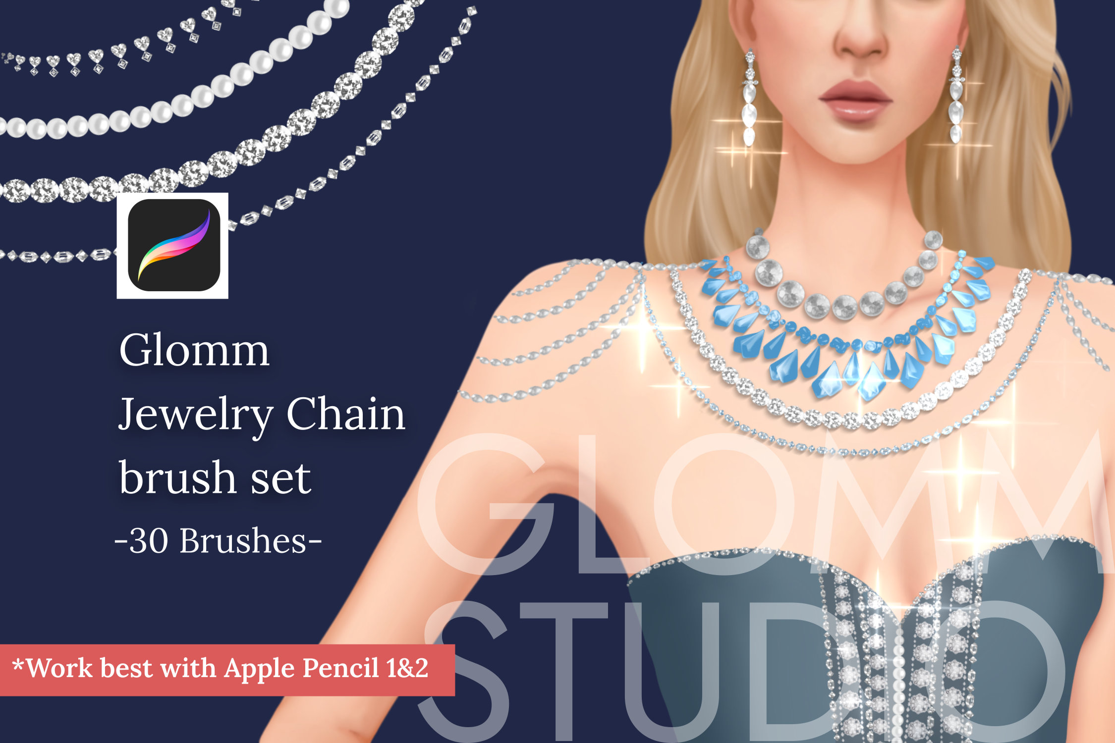 Pinceles de cadenas de joyería Glomm para Procreate – 30 pinceles realistas + paleta