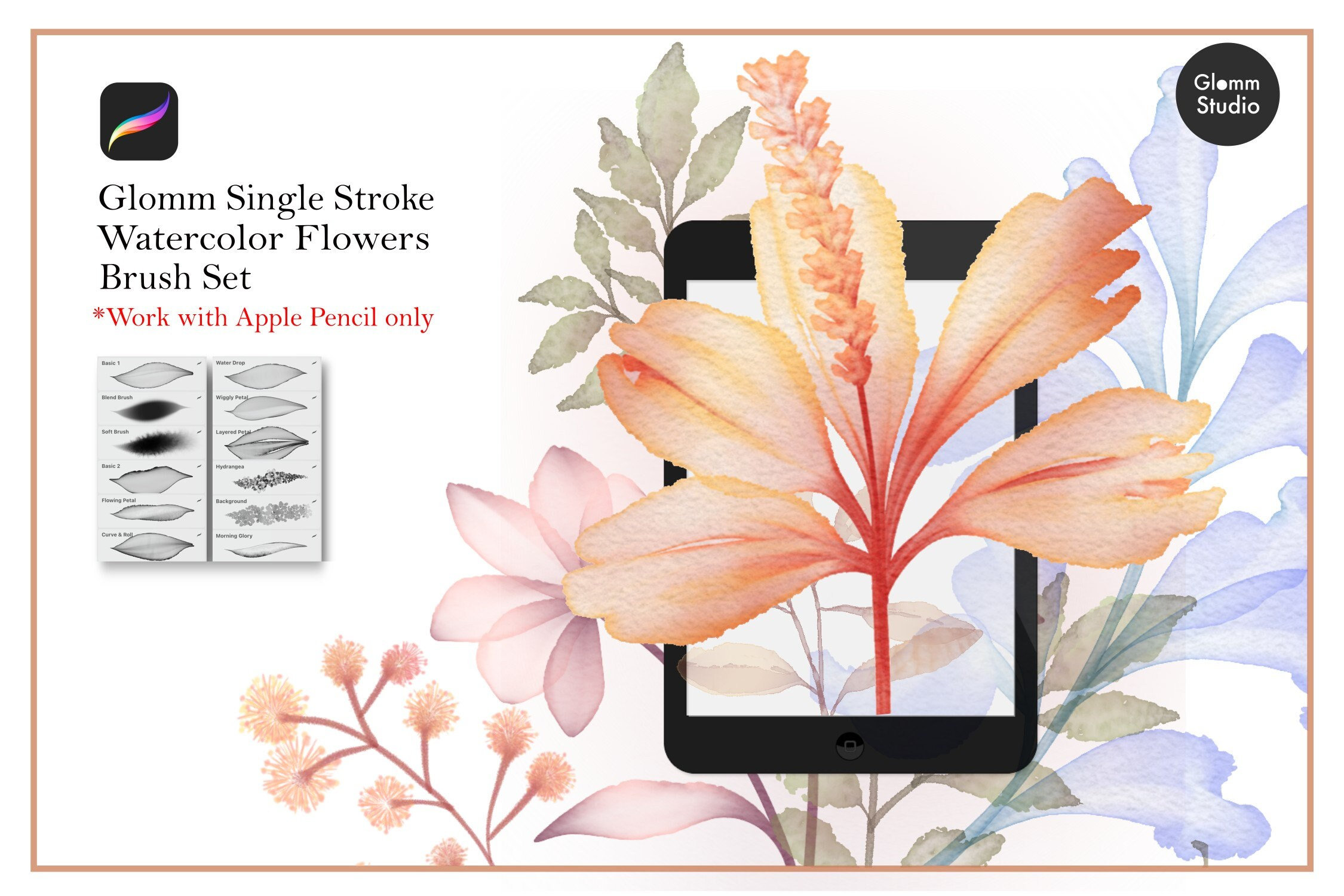 Glomm Single-Stroke Watercolor Flowers Brush Set (17 brushes), Procreate Flower Brush