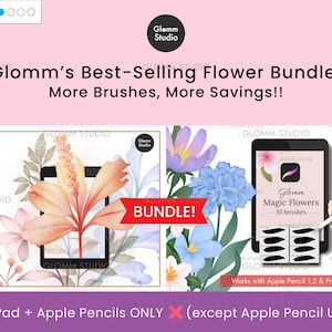May include: Digital flower brush bundle for iPad and Apple Pencil. The image shows two iPad screens with floral illustrations, a red "BUNDLE!" banner, and the text "Glomm's Best-Selling Flower Bundle".