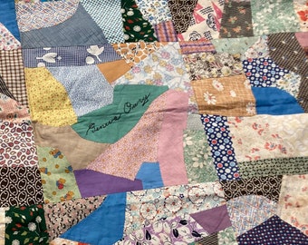 Vintage Feed Sack Fabrics Crazy Quilt Topper~Textile Artist Signature/Signed by Maker~Delightful~Machine & Hand-Stitching~92 x 76 Inches