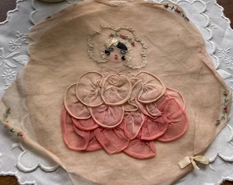 Boudoir Pillow Cover~Embroidered Black-Haired Missy~Organdy Skirt Layers~Diminutive Pink Silk Rosebuds~30's-40's Girly~Vintage Linen