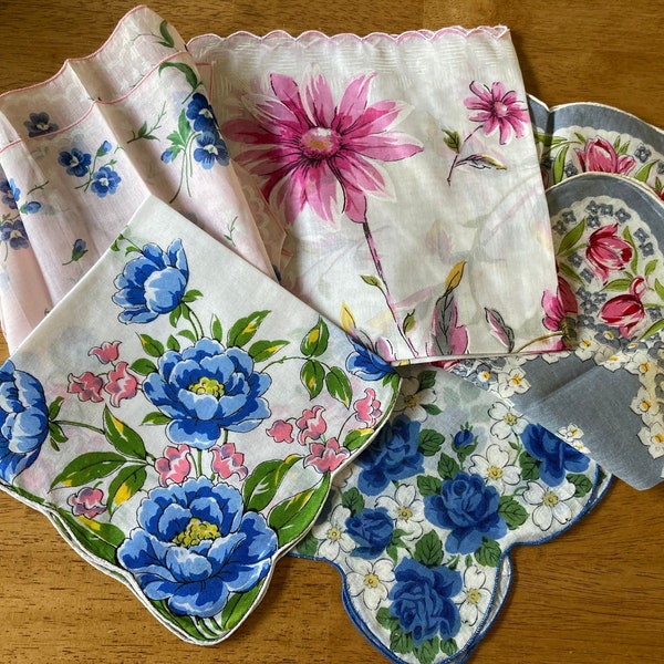 Five Vintage Hankies~Pink and Blue Floral Printed 5 Pc. Hanky Lot~Tulips Roses Lily of the Valley~Romantic~Cottage Core