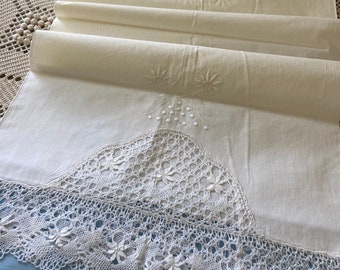 White-on-White Vintage Pillowcase Tubing~Lavish Bedfordshire Bobbin Lace Ends & Inserts~Appenzel Floral Drawnwork~Unused~Fine Linen