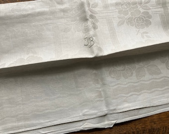 Victorian/Edwardian French Vintage Damask Towel~Embroidered Monogram JB~White Floral Irish Linen~Antique~NOS/Unused~Hang Loop