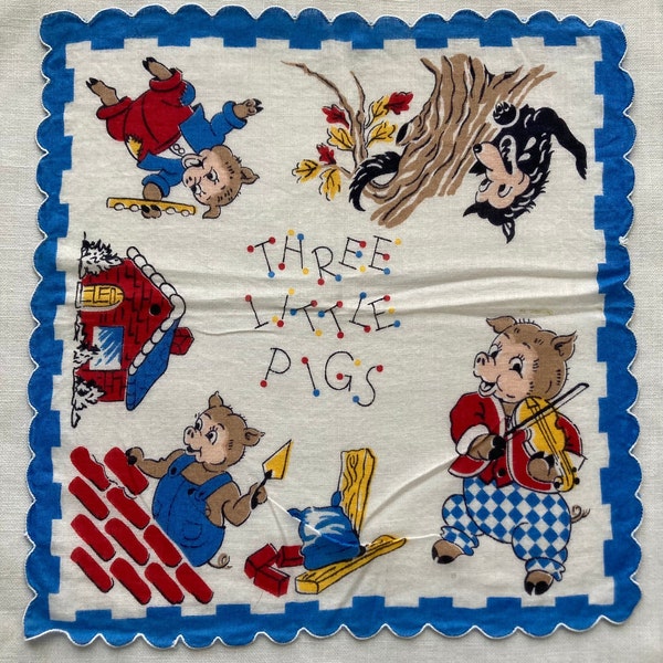 The THREE LITTLE PIGS Vintage Child's Novelty Hanky~Darling Graphics~Vibrant Color