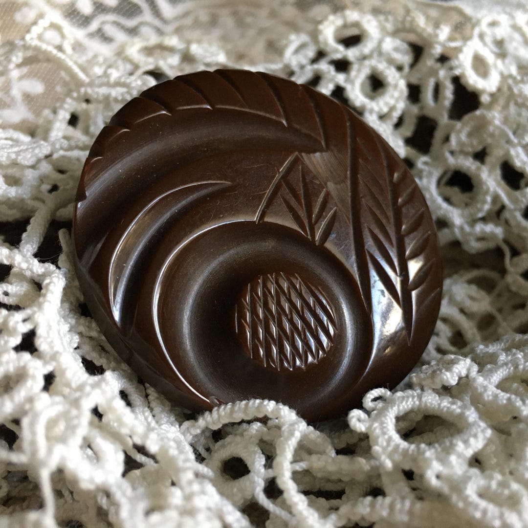 Vintage French Colossal Deeply Carved Chocolate Brown Bakelite Button ...