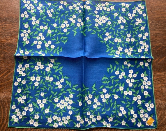 Blue Linen with White Flower Sprays~Vintage Handk… - image 1