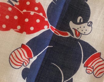 Vintage Child's Hanky ~ Momma Bear and Five Cubs ~ Blue Bears Red Scarves & Striped Mittens