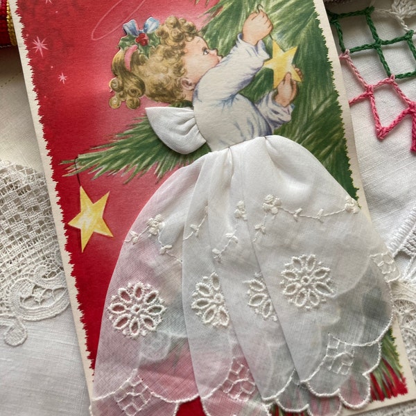 White Angel Girl Hanky in Graphic Paper Sleeve~Vintage Christmas Card-Adorably Kitschy~Blond Curly Hair~Hanging Ornament Star on Tree~NOS