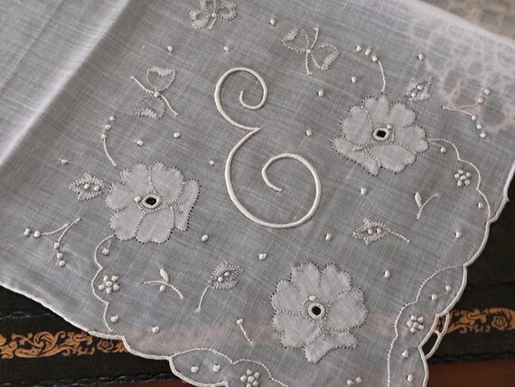 Vintage White Handkerchief Script Initial "E" ~ S… - image 6
