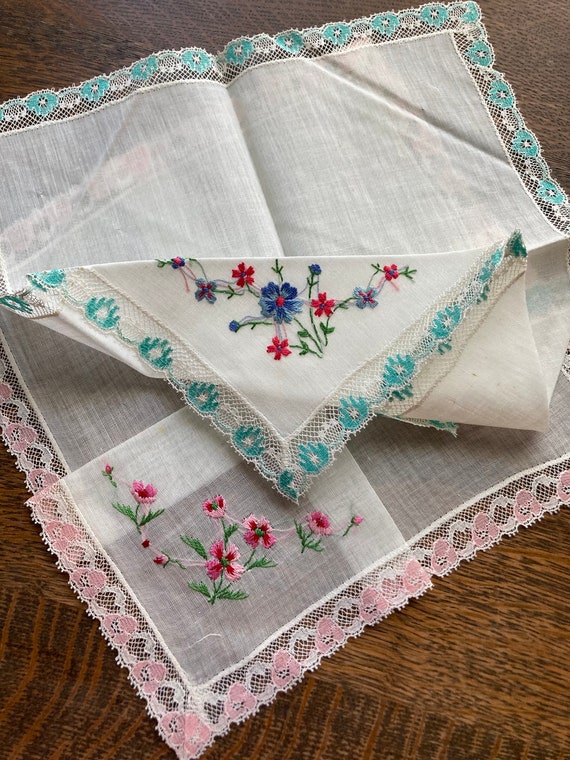 Two (2) NOS Vintage Hankies~Pink and Blue Floral … - image 8