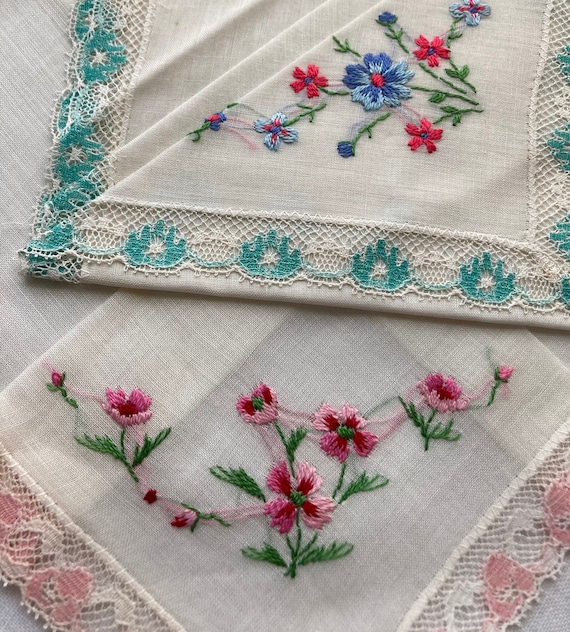 Two (2) NOS Vintage Hankies~Pink and Blue Floral … - image 1