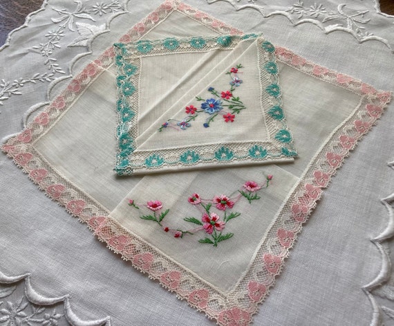 Two (2) NOS Vintage Hankies~Pink and Blue Floral … - image 2