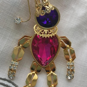 Vintage Reticulated Glass Rhinestone & Gold-tone Jester Brooch ~ Movable Hat Top and Limbs