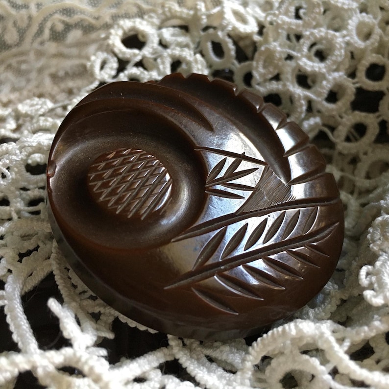 Vintage French Colossal Deeply Carved Chocolate Brown Bakelite Button ...