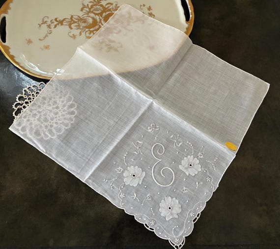 Vintage White Handkerchief Script Initial "E" ~ S… - image 7