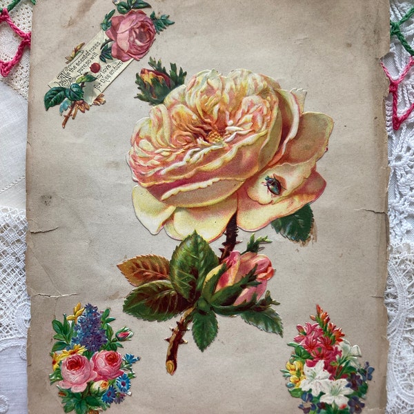 Colossal Yellow Rose~Scrapbook Page from Antique Victorian Scrap Book~Vintage Die Cuts on Paper~Ephemera~Old World Love