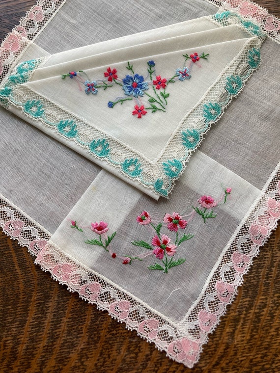 Two (2) NOS Vintage Hankies~Pink and Blue Floral … - image 9