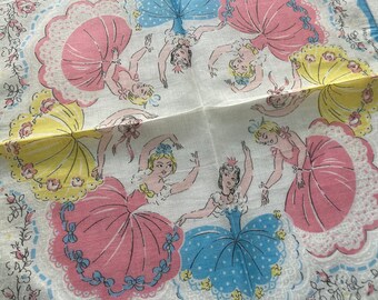 Lavish Dancing BALLERINAS~Vintage Child's Hanky~Rich Pastels~Floral Garlands