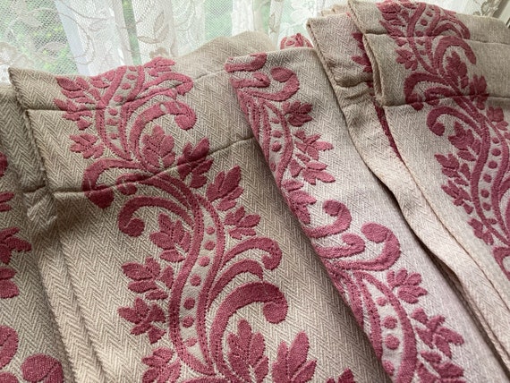 Vintage Pink Embroidery on Heavy Textured Cotton~Curtain Pane~French Country~Romantic