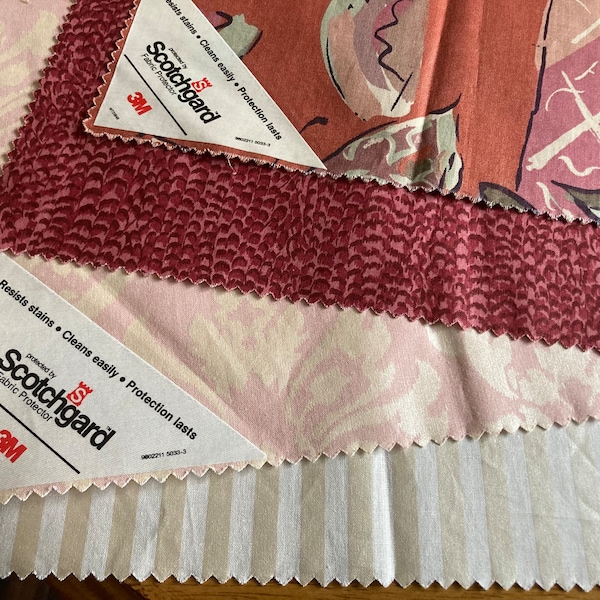 Four Coordinating Unused Fabric Swatches~26 x 25.5~Labels~Polished Cotton~P Kaufmann~Chatham Pink~Liver Dust~Arsley Red~Room w/ View Sienna