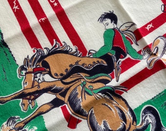 Wonderful Western Theme Vintage Child's Hanky! Cowboys Bucking Broncos~Old Wild West~Terrific Color