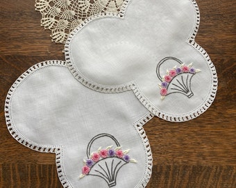 Set of Two (2) Embroidered Vintage Doilies~Pink & Purple Bouillon Blossoms in Basket~Floral~Crocheted Edges~Grandma's House~So Sweet!