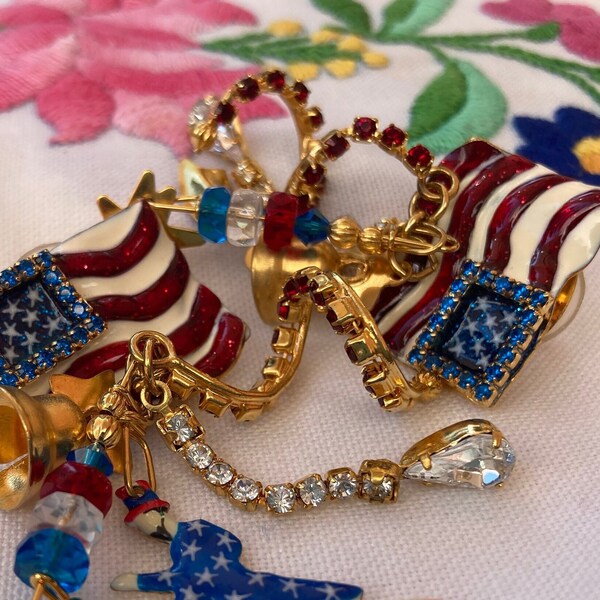 LATR ~Lunch at the Ritz Patriotic Flag Uncle Sam Pierced Dangle Earrings~High-End Fashion Americana~Glitz~Enamel & Rhinestones~ Jewelry