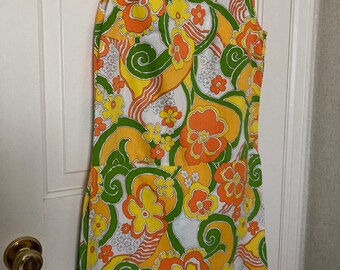 GAYMODE Vintage Cotton Sleeveless Summer Culotte Dress~Psychedelic Groovy~Mod Retro 1960-70s Fashion~Orange Yellow Green Stylized Floral~JCP