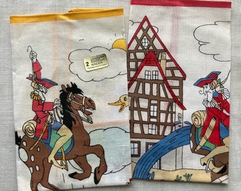 Pair of Silly Vintage Medieval Children's Hankies~European Foil Label~Horses Horseman French/German House~Whimsical~Unused~100% Baumwolle