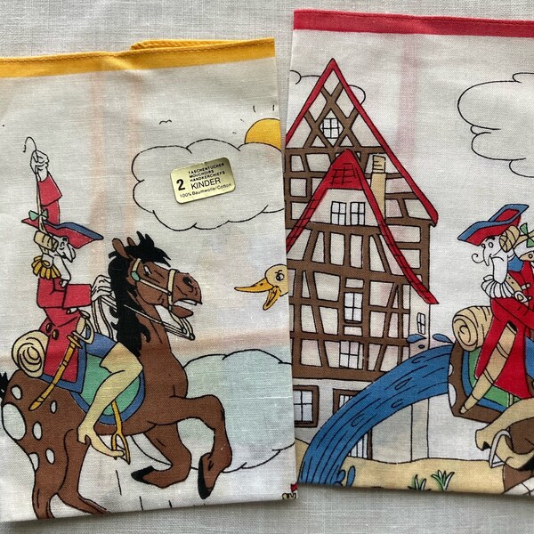 Pair of Silly Vintage Medieval Children's Hankies~European Foil Label~Horses Horseman French/German House~Whimsical~Unused~100% Baumwolle