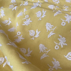Gorgeous Yellow Linen Fabric with White Embroidered Flowers~Floral Embroidery~Yardage~36 x 3.7 Yards~Unused