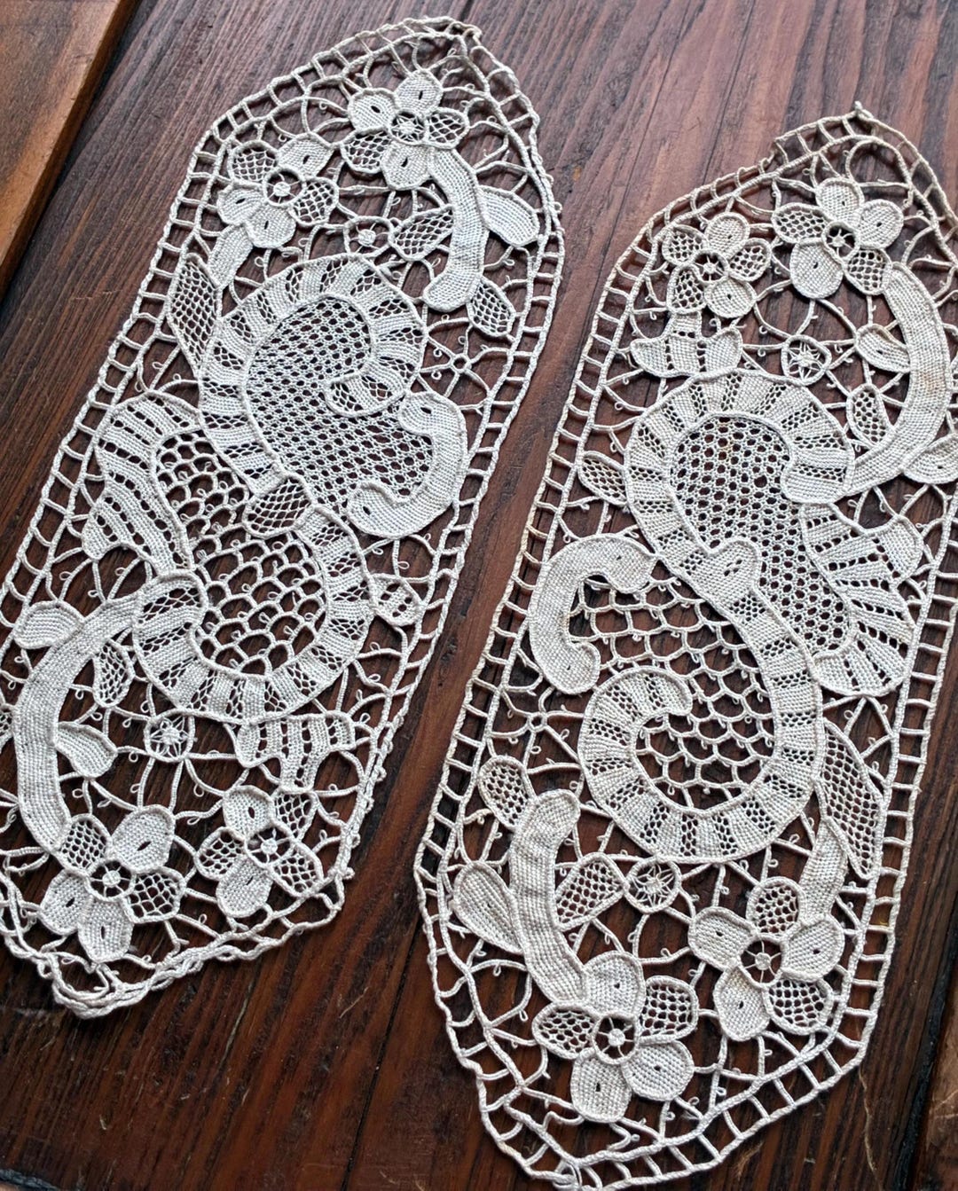Two (2) Antique Italian Reticella Needle Lace Inserts ~ 