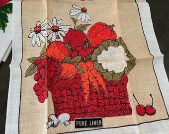 Mid-Century Linen Kitchen Towel, Groovy Fruit & Vegetable Print (NOS)