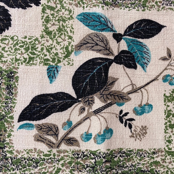 Mid-Century Bark Cloth Pillow Cover Fabric~Re-Claimed~Aqua Floral Cherries~Black Olive Green~Retro MCM Rescue~ 23.5 x 17